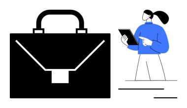 Büyük evrak çantası ikonu, elinde tablet tutan bir kişiyle eşleştirilmiş, iş, kariyer ve teknolojiyi sembolize ediyor. Girişimcilik, kariyer büyümesi, iş stratejisi, profesyonellik, işyeri için ideal