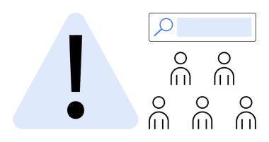 Minimalist insan simgelerinin üstündeki arama çubuğuyla eşleştirilmiş büyük ünlem işareti. Uyarı, uyarı, keşif, araştırma, kullanıcı analizi, dikkat, basit iniş sayfası için ideal