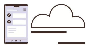 Kontrol listesi ile akıllı telefon ekranı bulut şekli ile senkronize. Bulut bilgisayarı, mobil uygulamalar, çevrimiçi depolama, veri paylaşımı, bağlantı, teknoloji, iletişim için ideal. Basit düz metafor