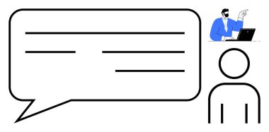 Diyalog için büyük bir metin balonu, basitleştirilmiş insan ana hatları bağlılığı simgeliyor, üst köşedeki dizüstü bilgisayarda rehberlik için. İletişim, takım çalışması, geri bildirim, eğitim için ideal