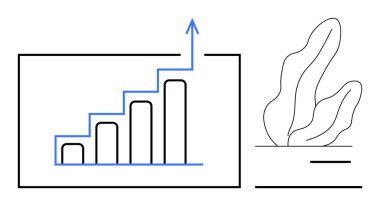 Minimalist bir bitki çiziminin yanında, yukarı doğru büyümeyi ya da ilerlemeyi simgeleyen bir ok çizelgesi. İş için ideal, istatistik, ilerleme, büyüme, sunumlar, başlangıç, basit iniş sayfası