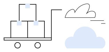 Kutuları ince bulut ve rüzgar çizgilerinin yanına istiflenmiş kutular taşıyan araba fiziksel dağıtım ve bulut altyapısını birleştiriyor. Lojistik, nakliye, ulaşım, bulut depolama ve tedarik zinciri için ideal