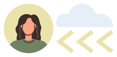 Dairesel çerçevede uzun saçlı, bulut elementi, hareket eden açısal oklar. İlerleme, dönüşüm, yenilik, bağlantı, bulut hesaplama, dijital büyüme için ideal