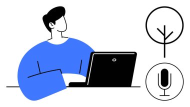 Adam dizüstü bilgisayara odaklanıyor, yanında da en az ağaç ve mikrofon simgeleri var. Yaratıcılık için ideal, iş hayatı dengesi, teknoloji, iletişim, beyin fırtınası, öğrenme, basit iniş sayfası