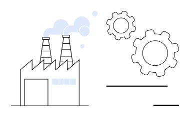 Üretimi, mühendisliği ve makineleri temsil eden iki bacası duman ve üç dişlisi olan bir fabrika. Endüstriyel süreçler, işlemler, otomasyon, yenilik, verimlilik için ideal