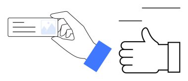 El ele tutuşan bir kimlik kartı, baş parmağının yanında. Onay, kimlik doğrulama, tanıma, olumlu geri bildirim, güven, doğrulama, derecelendirme sistemleri, basit iniş sayfası için ideal