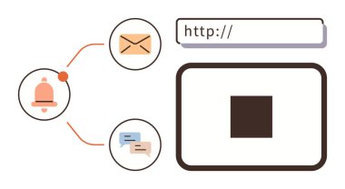 İleti balonu, e-posta zarfı, uyarı zili bir tarayıcı penceresine bağlı. İletişim, web araçları, uyarılar, kullanıcı etkileşimi, çevrimiçi mesajlaşma, e-posta yönetimi basit düz metafor