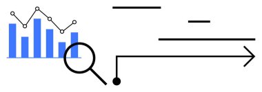 Yükselen trend çizgisi ve bağlantılı akış grafiği okuyla birlikte bar tablosunun üzerinde büyüteç. Veri analizi, iş büyümesi, istatistik, strateji, araştırma, karar verme ve basit iniş sayfası için ideal