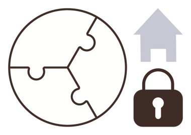 Bulmaca küresi birliği temsil ediyor, ev ikonu güvenliği simgeliyor ve kilit de güvenliği simgeliyor. Küresel işbirliği, ev güvenliği, mahremiyet, koruma, ağ güvenliği, çevrimiçi güven dairesi için ideal