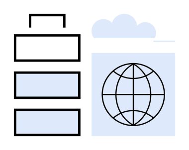 Küre, üst üste dizilmiş sunucu tepsilerinin yanında küresel bağlantıyı temsil ediyor. Ağ oluşturma, veri depolama, bulut hesaplama, küreselleşme, teknoloji, internet, iletişim için ideal