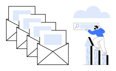 Zarflarda harfler, büyütme çubuğunda büyüyen grafiği arayan adam. E- posta pazarlama, iletişim, büyüme, araştırma, arama motoru, iş için ideal, minimal estetik düz metafor