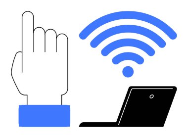Mavi kollu el hareketi ve kablosuz dalgalarla bağlı dizüstü bilgisayar. Teknoloji, bağlantı, uzaktan çalışma, kullanıcı arayüzü, çevrimiçi ilişki, otomasyon, eğitim için ideal. Basit düz