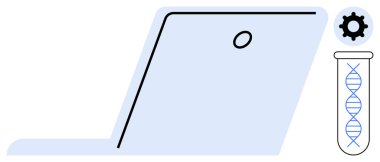 Biyoteknoloji, yenilik ve teknolojiyi temsil eden DNA dolu bir test tüpü ve teçhizatla eşleştirilmiş açık dizüstü bilgisayar. Araştırma, eğitim, genetik, veri analizi, yazılım bilimi için ideal modern