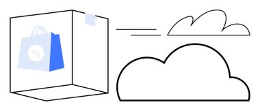 İçinde alışveriş torbası illüstrasyonu ve stilize bulut vurgusu e-ticaret, teslimat ve bulut deposu olan bir kutu. Perakende, taşımacılık, bulut hesaplama, e-ticaret, lojistik, dijital pazarlama için ideal