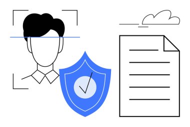 Yüz tarama çizgileri olan baş silueti, güvenlik işaretli kalkan ve bulutlu belge simgesi. Biyometri, gizlilik, siber güvenlik, dijital kimlik doğrulama için ideal