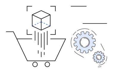 Alışveriş arabası, düşen 3 boyutlu küp ve birbirine bağlı dişliler ile birleşerek otomasyon, teknoloji ve yeniliği sembolize eder. E-ticaret, lojistik, verimlilik, yapay zeka, iş akışı, imalat için ideal