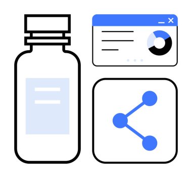 İlaç şişesi, analitik gösterge paneli ve sağlık hizmetini, veri analizini ve bağlantıyı sembolize eden ikonu paylaşın. İlaç, teknoloji, sağlık hizmetleri, işbirliği araştırma yeniliği için idealdir.