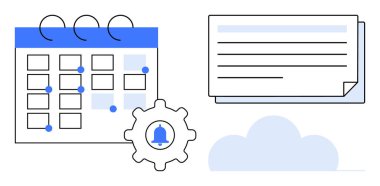 İşaretli tarihli takvim, bildirim simgesi olan ekipman, notlar yığını ve bulut. Organizasyon, planlama, hatırlatıcılar, dijital çözümler üretkenlik çalışma akışı takım çalışması için idealdir. Temiz düz tasarım