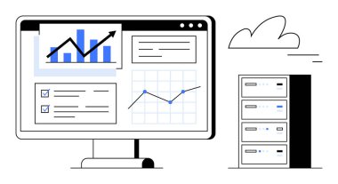 Bir sunucu ve bir bulut simgesinin yanında analitik çizelgeler, grafikler ve kontrol listeleri gösteren masaüstü ekranı. Teknoloji, veri, iş anlayışı, bulut depolama, bilişim, analitik basit iniş için ideal