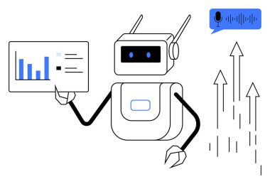 Teknoloji robotu veri içeren bir grafik tutuyor, konuşma tanıma baloncuğu, ve yukarı doğru büyümeyi temsil eden oklar. Yapay zeka, otomasyon, veri analizi, ses teknolojisi, robot bilimi ve yenilik sektörü için ideal