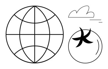 Küresel birlik, tarım ve sürdürülebilirliği gösteren bir küre, domates ve bulut taslağı. Çevre, tarım, küresel meseleler, doğa bağlantısı ekolojik amaçlar için idealdir.