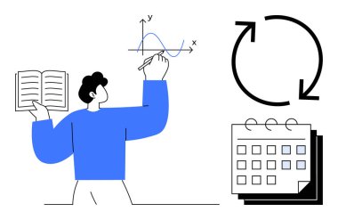 Elinde bir kitap tutan ve grafiği analiz eden kişi, yanında bir takvim ve dairesel bir ok var. Eğitim, veri analizi, üretkenlik, planlama, zamanlama, iş akışı ve zaman yönetimi için ideal