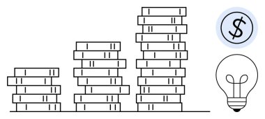 Yığılmış paralar artan zenginliği gösterir, bir dolar işareti parasal değeri vurgular, ve bir ampul fikirler ve yenilikleri ima eder. Finans, yatırım, ekonomi, büyüme, tasarruf ve iş için ideal