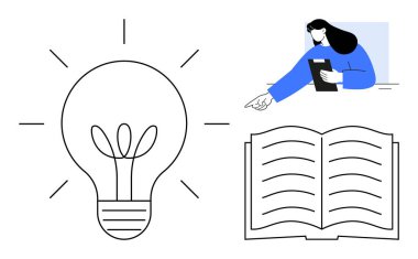 Yaratıcılığı ve yeniliği sembolize eden ampul, not defterinden bahseden bir kişi, ve öğrenmek için açık bir kitap. Eğitim, fikir üretimi, ilham, yaratıcılık, araştırma, strateji için ideal