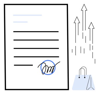 Kalın dokunuşlu imzalı belge, yukarı doğru büyümeyi sembolize eden oklar ve bir alışveriş torbası. İş, sözleşme, ilerleme, ticaret ve başarı stratejisi için ideal. Temiz, düz metafor