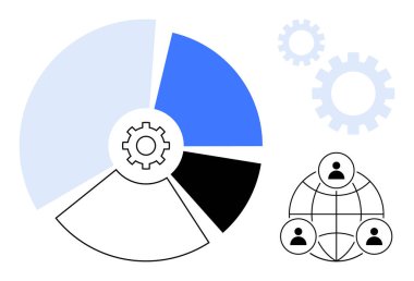 Ortasında vites olan dairesel pasta grafiği, kullanıcı simgeleri olan dünya, arka planda dişli çarklar. Takım çalışması, veri analizi, iş akışı, yenilik, küresel bağlantı, proje yönetimi basit düz