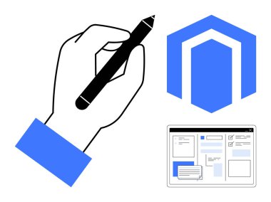 Yaratıcı işler için el ele tutuşma stili, soyut altıgen teknoloji şekli, dijital proje paneli. Yaratıcılık, tasarım, teknoloji, yenilik, arayüz iş akışı eğitimi için idealdir. Basit düz