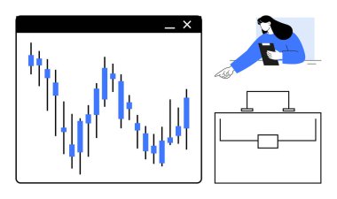 Tarayıcı penceresinde şamdan çizelgesi, verileri gösteren pano tutan kadın ve evrak çantası. Finans, ticaret, analitik, iş stratejisi, veri incelemesi ve yatırım planlaması için ideal