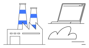 Bacalı fabrika, laptop tarayıcı penceresi ve endüstriyel dijitalleşmeyi, bulut hesaplamasını ve sürdürülebilirliği sembolize eden bulut çizimi. Teknoloji için ideal, sektör 4.0, yenilik verileri