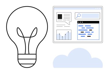 Yaratıcılığı sembolize eden ampul, grafikli web tarayıcısı, arama çubuğu ve iletişim simgeleri, aşağıdaki bulut. Yenilik, teknoloji, planlama, analiz beyin fırtınası iletişimi için idealdir.