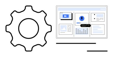 Grafikler, medya ve arayüz elemanlarının olduğu gösterge panelinin yanında büyük vites. Ayarlar, yazılım, veri analizi, web sitesi tasarımı, kullanıcı arayüzü, işlemler için ideal düz metafor