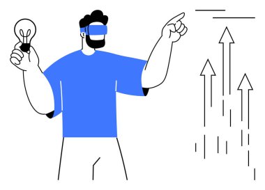 VR kulaklık takan, ampul tutan ve yukarı bakan okları işaret eden biri. Yenilik, teknoloji, büyüme, ilerleme, gelecekteki vizyon, yaratıcılık ve strateji için ideal. Modern basit düz metafor