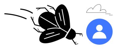 Büyük sinek, kalın çizgiler, küçük bulut tepesi ve dairesel profil ikonu ile hareket ediyor. Kavramların ideali dikkat dağıtma, rahatsız etme, haşere, çevre, kimlik, minimalizm ve basitlik