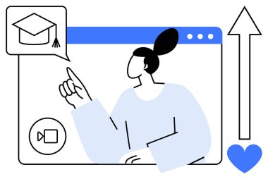 Tarayıcı arayüzünde eğitim sembolüne yönelik jestler. E-öğrenim, yenilik, büyüme, dijital araçlar, teknoloji, sanal etkileşim, basit iniş sayfası için ideal