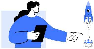 Elinde tablet tutan kadın, takım çalışması ikonuyla yükselen roketi işaret ederek ilerlemeyi, yeniliği ve liderliği sembolize ediyor. Strateji, iş büyümesi, takım çalışması, yenilik ve planlama için ideal