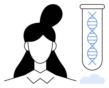 Genetik, DNA araştırması, biyokimya veya tıbbi yeniliği sembolize eden test tüpündeki DNA sarmalının yanındaki kadın profili. Bilim, eğitim, yenilik, genetik ve sağlık araştırmaları için ideal