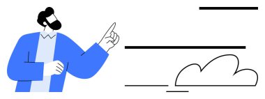 Mavi ceketli bir adam soyut çizgileri işaret ediyor ve bulut da minimum düzeyde. Sunumlar için ideal, iletişim, yaratıcılık, beyin fırtınası, eğitim, planlama, açık mesajlaşma. Basit.