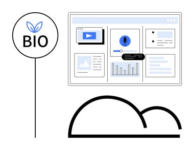 Veri tabloları, grafikler, resimler ve medya içeren etkileşimli çevrimiçi arayüz. Odaklanmış yaprak tasarımı ile biyo işareti. Sürdürülebilirlik, eko-pazarlama, analitik ve veri sunum ortamı için ideal
