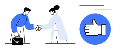 İki profesyonel el sıkışıyor, biri evrak çantalı, yanında da mavi başparmak ikonu var. Takım çalışması, ortaklık, iş büyümesi, anlaşma, ağ oluşturma, basit iniş sayfası için ideal