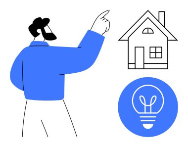 Bir ev taslağı ve ampul ikonuna doğru hareket eden kişi, yenilik, emlak, enerji, yaratıcılık, sürdürülebilirlik, akıllı ev ve basit iniş sayfasını temsil eder
