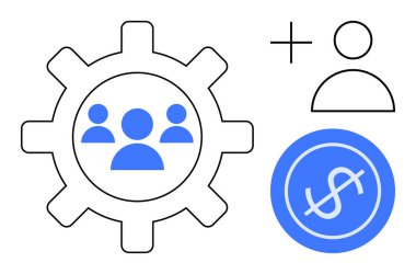 Takım çalışmasını sembolize eden grup simgeleri, tek kullanıcı profili ve işbirliği ve finansal yönetimi tasvir eden dolar işaretleri. İş için ideal, üretkenlik, takım çalışması, kaynaklar, yönetim