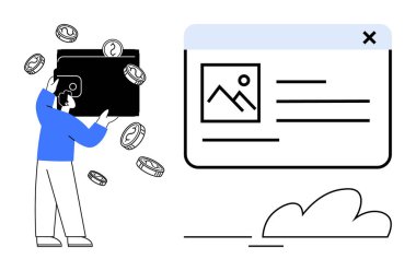 Büyük boyutlu dijital cüzdan ile etkileşime giren bir adam etrafını sikkeler sarmış, resim tutucu ve metin olan bir web sayfasının yanında. Finans, e-ticaret, teknoloji, çevrimiçi ödeme, kullanıcı arayüzü için ideal