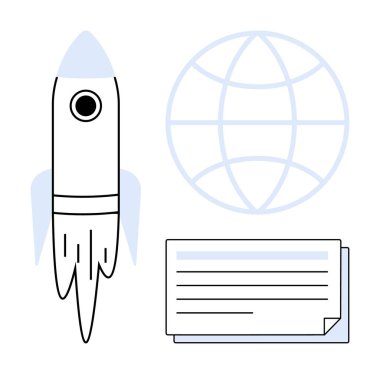 Roket bir dünyanın yanına fırlatılıyor ve yenilikleri, küresel iletişimi ve büyümeyi simgeleyen dokümanları istifliyor. Teknoloji, girişimler, eğitim, küreselleşme, bağlantı ilerleme işi için ideal