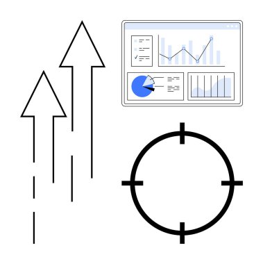Ekrandaki grafikler ve grafikler, yükselen oklar ve bir odak sembolü büyüme, ilerleme ve hassasiyeti iletir. İş stratejisi, analiz, pazarlama, büyüme hedefi belirlemek için ideal