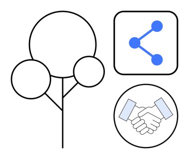 Minimalist ağaç tasarımı, paylaşım ağı, tokalaşma ikonu. Ağ oluşturma, işbirliği, iletişim, çevre dostu konsept, ortaklıklar, dijital paylaşım basit iniş sayfası