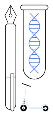 Dolma kalem, DNA sarmalı test tüpü ve yaratıcılığı, bilimi ve ulaşımı sembolize eden scooter. Yenilik, araştırma, eğitim teknolojisi biyoteknoloji hareketlilik minimalizmi için idealdir. Basit.